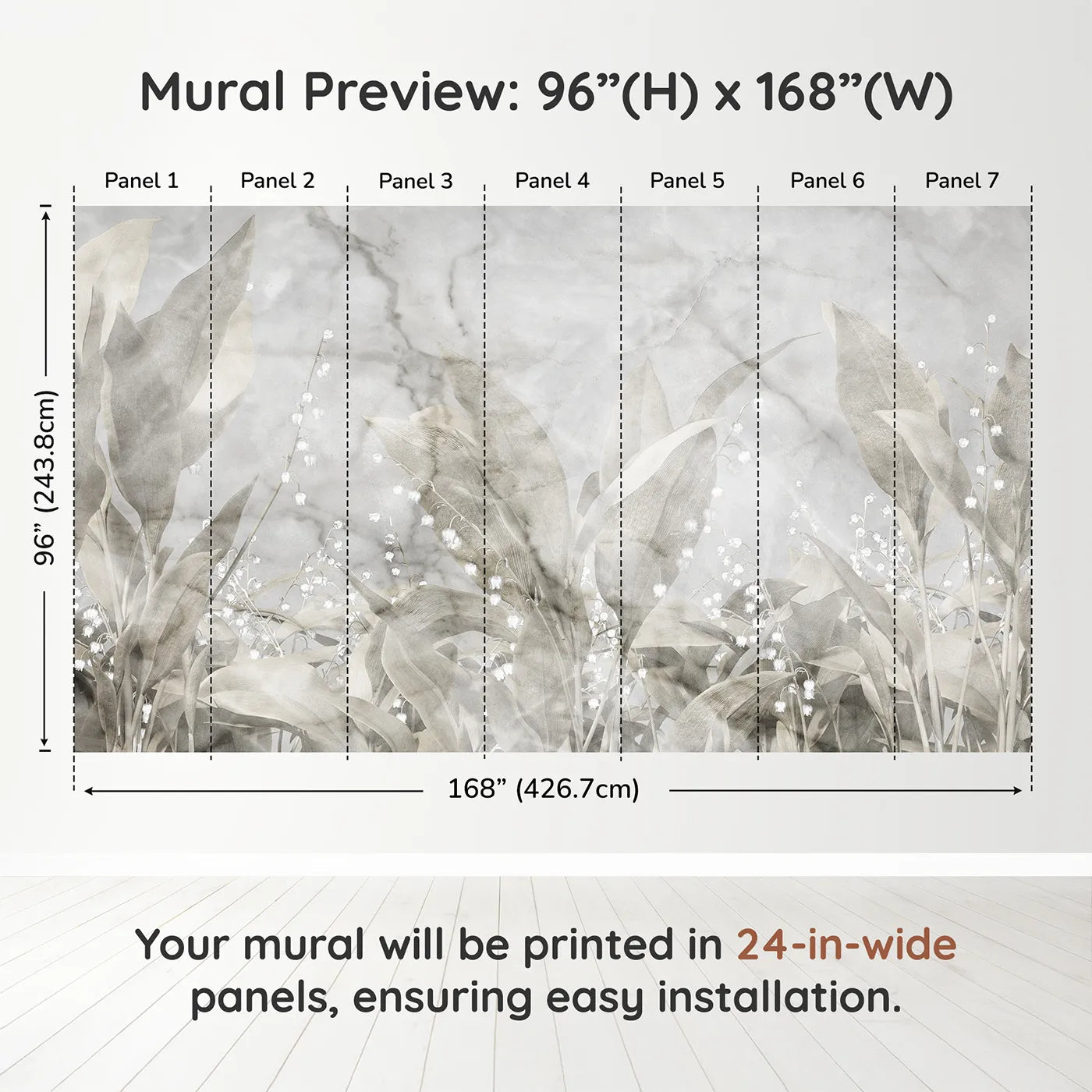 Whimsy Tots Lily of the Valley Marble Wall Muraldimension view (96" H x 168" W). Printed in seven 24-inch-wide panels. Gender-Neutral
