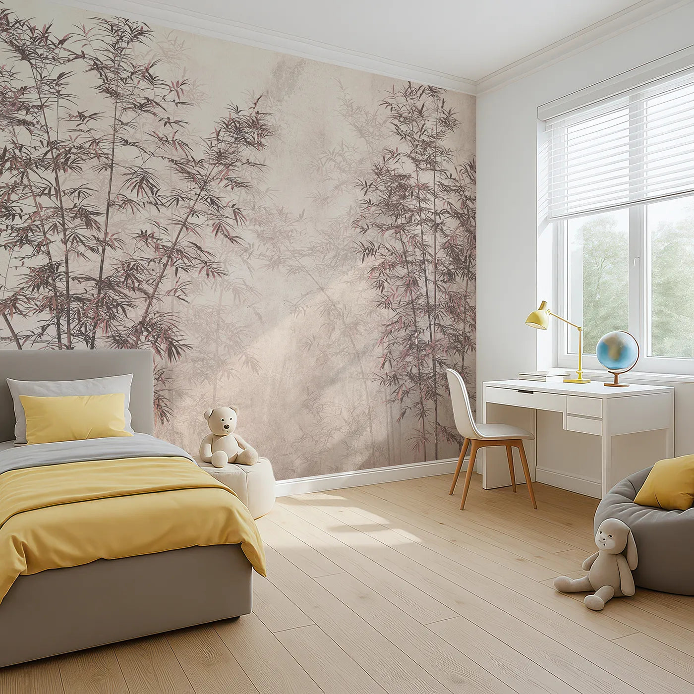 Angled view of Whimsy Tots' Misty Bamboo Grove Wall Mural in Rose (Turn Their Room into a Peaceful, Zen-Like Sanctuary).Gender-Neutral
