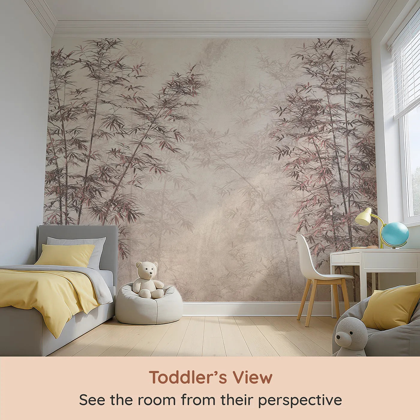 Whimsy Tots Misty Bamboo Grove Wall Mural in Rose (Turn Their Room into a Peaceful, Zen-Like Sanctuary) from your child's view.Gender-Neutral