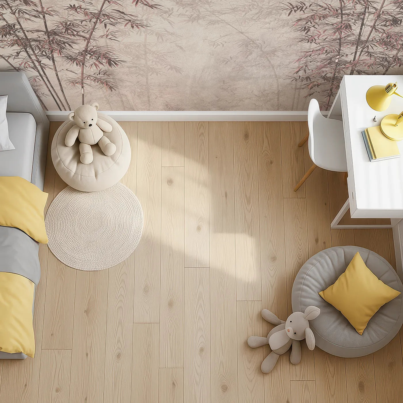 Top-down view of Whimsy Tots' Misty Bamboo Grove Wall Mural in Rose (Turn Their Room into a Peaceful, Zen-Like Sanctuary).Gender-Neutral