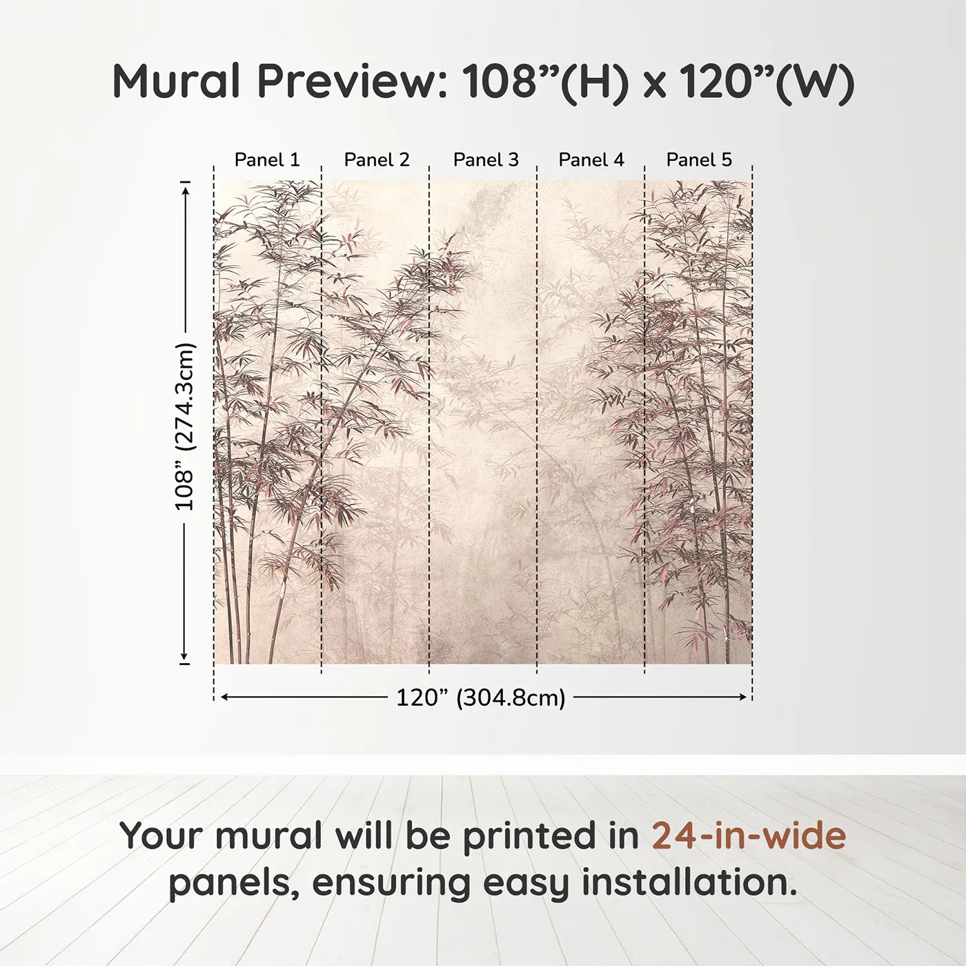 Whimsy Tots Misty Bamboo Grove Wall Mural in Rosedimension view (108" H x 120" W). Printed in five 24-inch-wide panels. Gender-Neutral