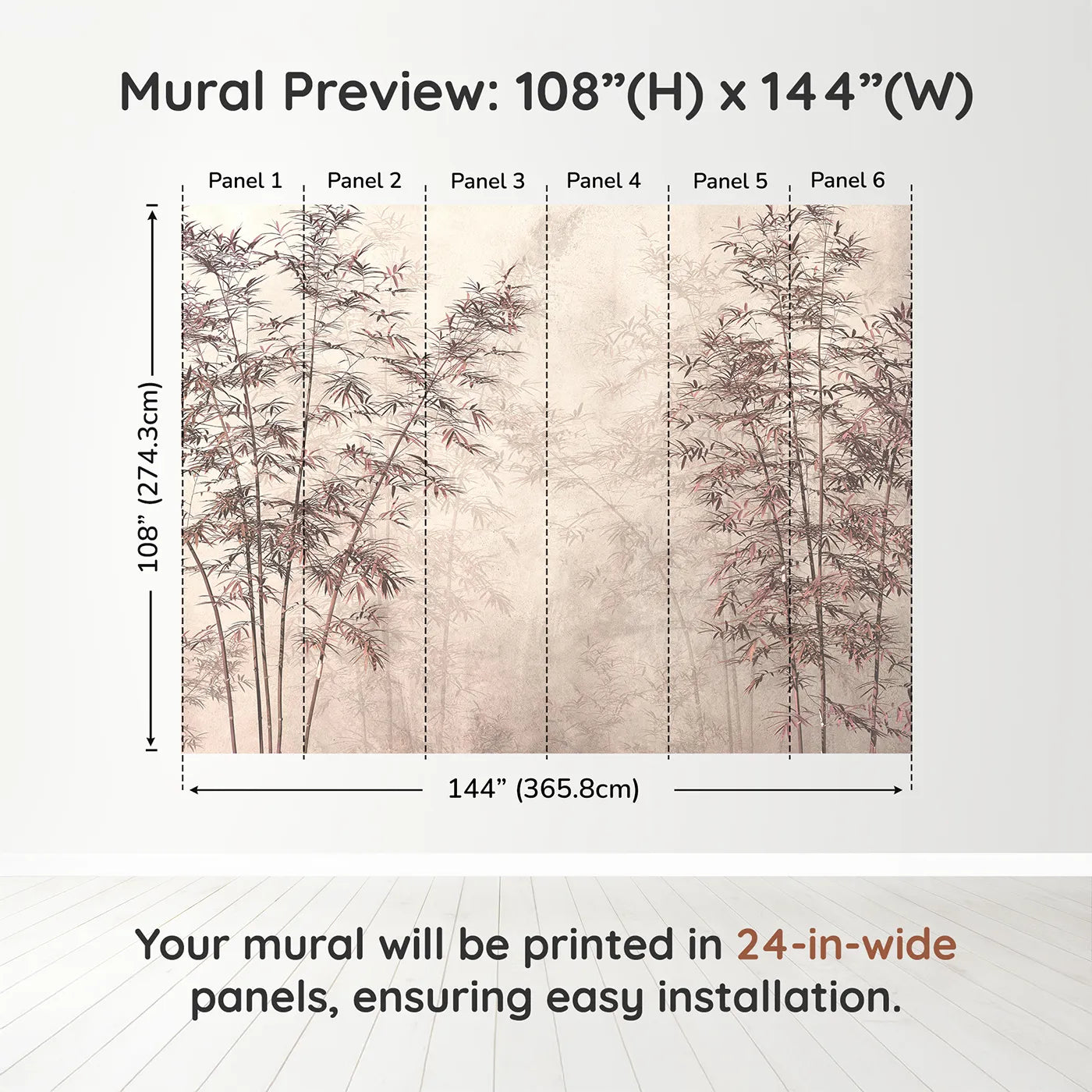 Whimsy Tots Misty Bamboo Grove Wall Mural in Rosedimension view (108" H x 144" W). Printed in six 24-inch-wide panels. Gender-Neutral
