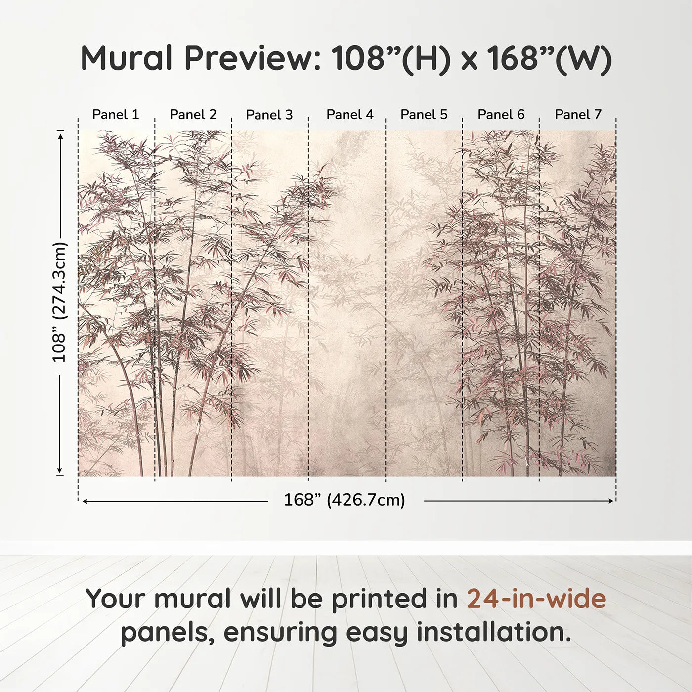 Whimsy Tots Misty Bamboo Grove Wall Mural in Rosedimension view (108" H x 168" W). Printed in seven 24-inch-wide panels. Gender-Neutral