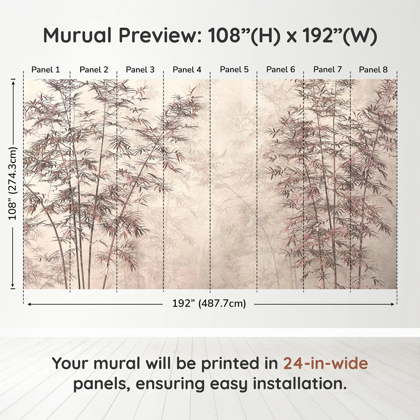 Whimsy Tots Misty Bamboo Grove Wall Mural in Rosedimension view (108" H x 192" W). Printed in eight 24-inch-wide panels. Gender-Neutral