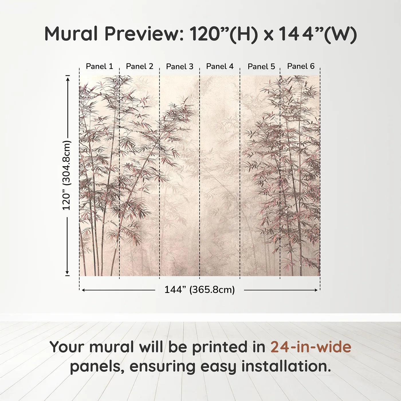 Whimsy Tots Misty Bamboo Grove Wall Mural in Rosedimension view (120" H x 144" W). Printed in six 24-inch-wide panels. Gender-Neutral