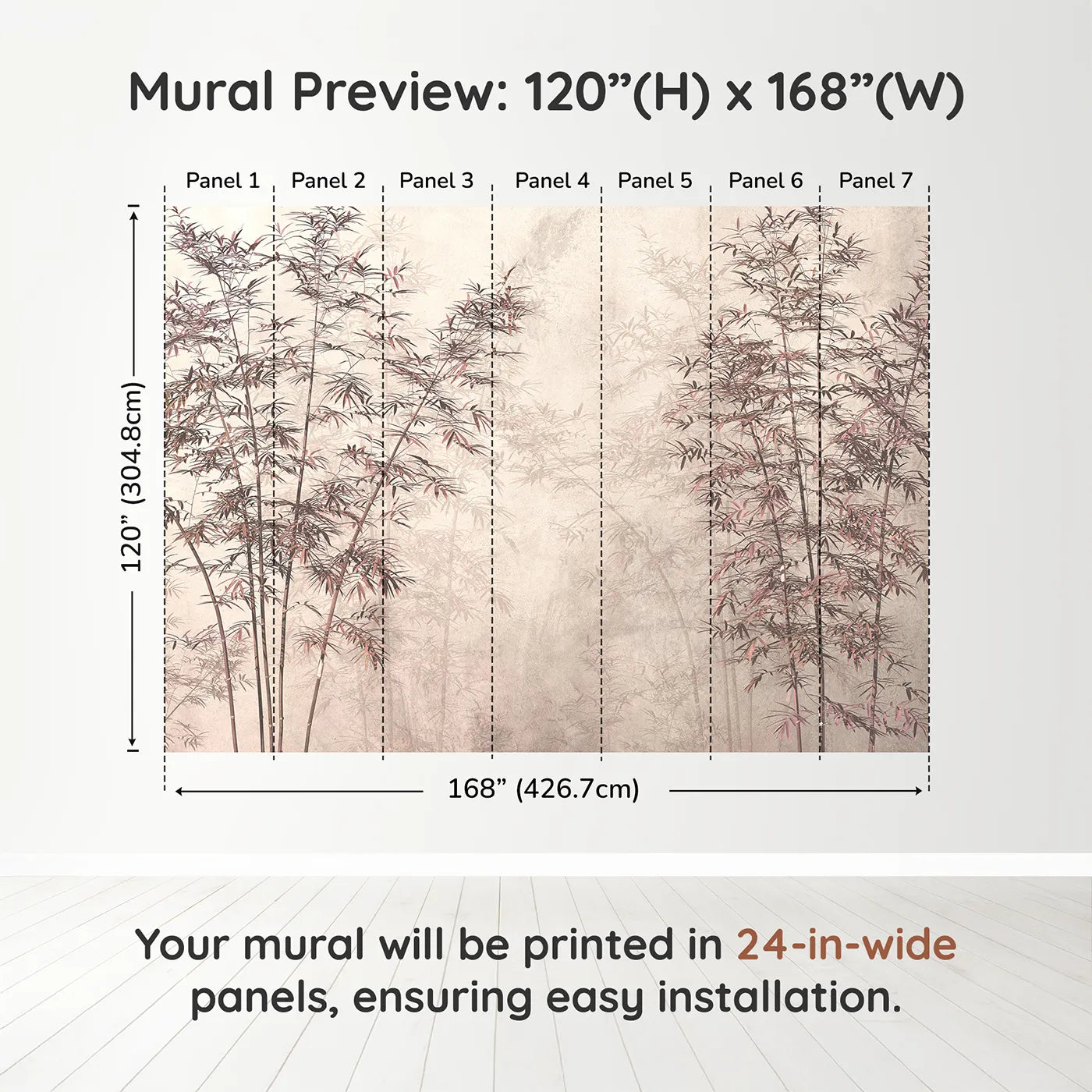Whimsy Tots Misty Bamboo Grove Wall Mural in Rosedimension view (120" H x 168" W). Printed in seven 24-inch-wide panels. Gender-Neutral