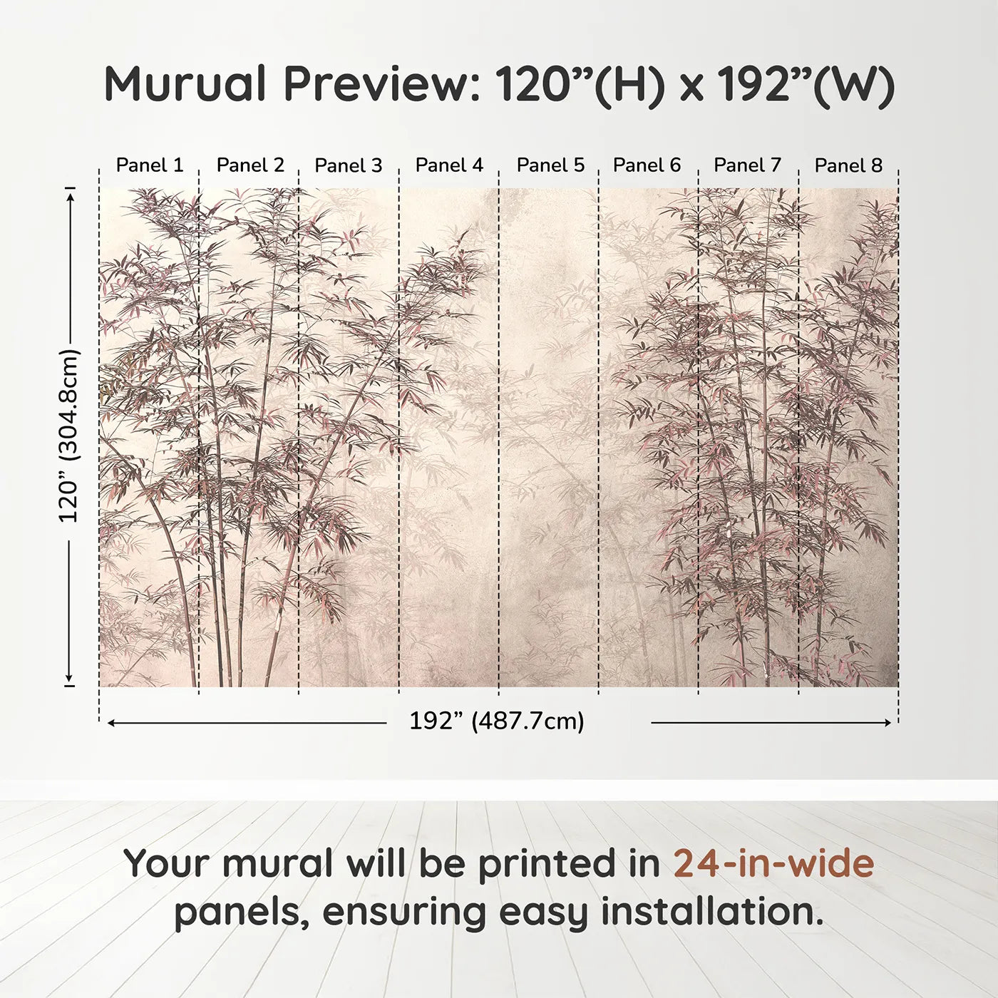 Whimsy Tots Misty Bamboo Grove Wall Mural in Rosedimension view (120" H x 192" W). Printed in eight 24-inch-wide panels. Gender-Neutral