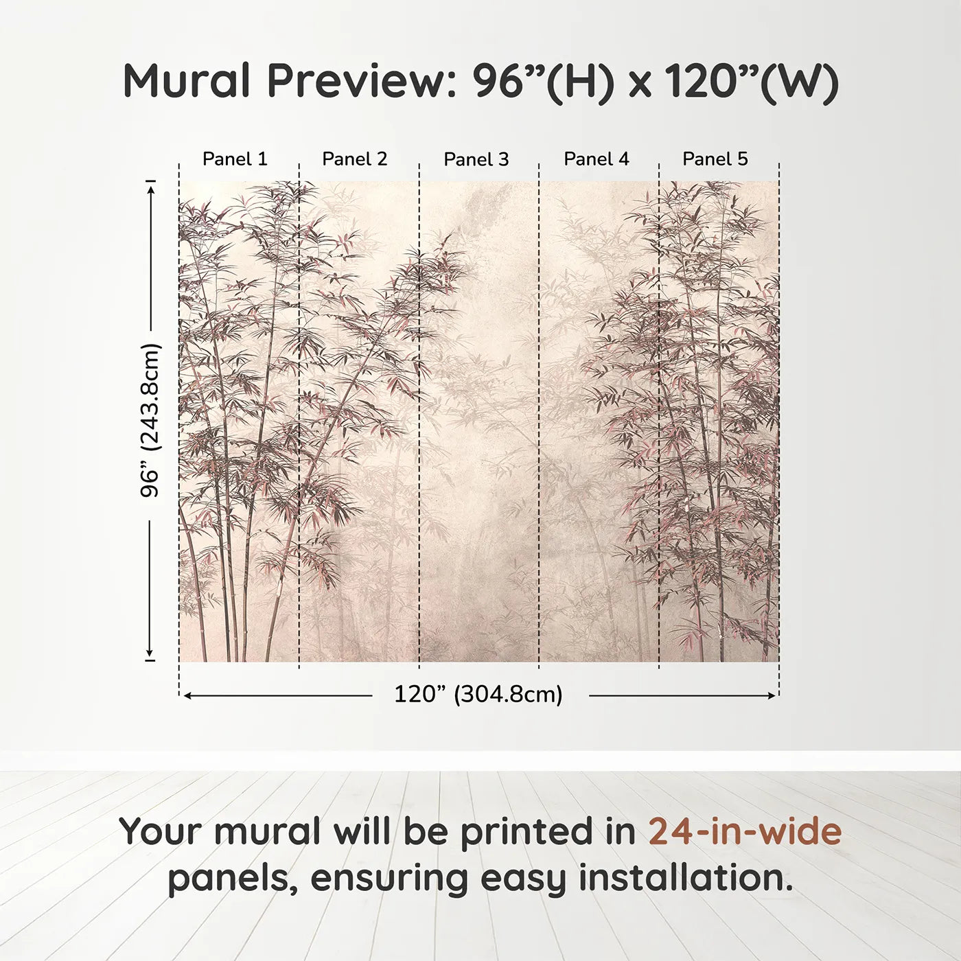 Whimsy Tots Misty Bamboo Grove Wall Mural in Rosedimension view (96" H x 120" W). Printed in five 24-inch-wide panels. Gender-Neutral