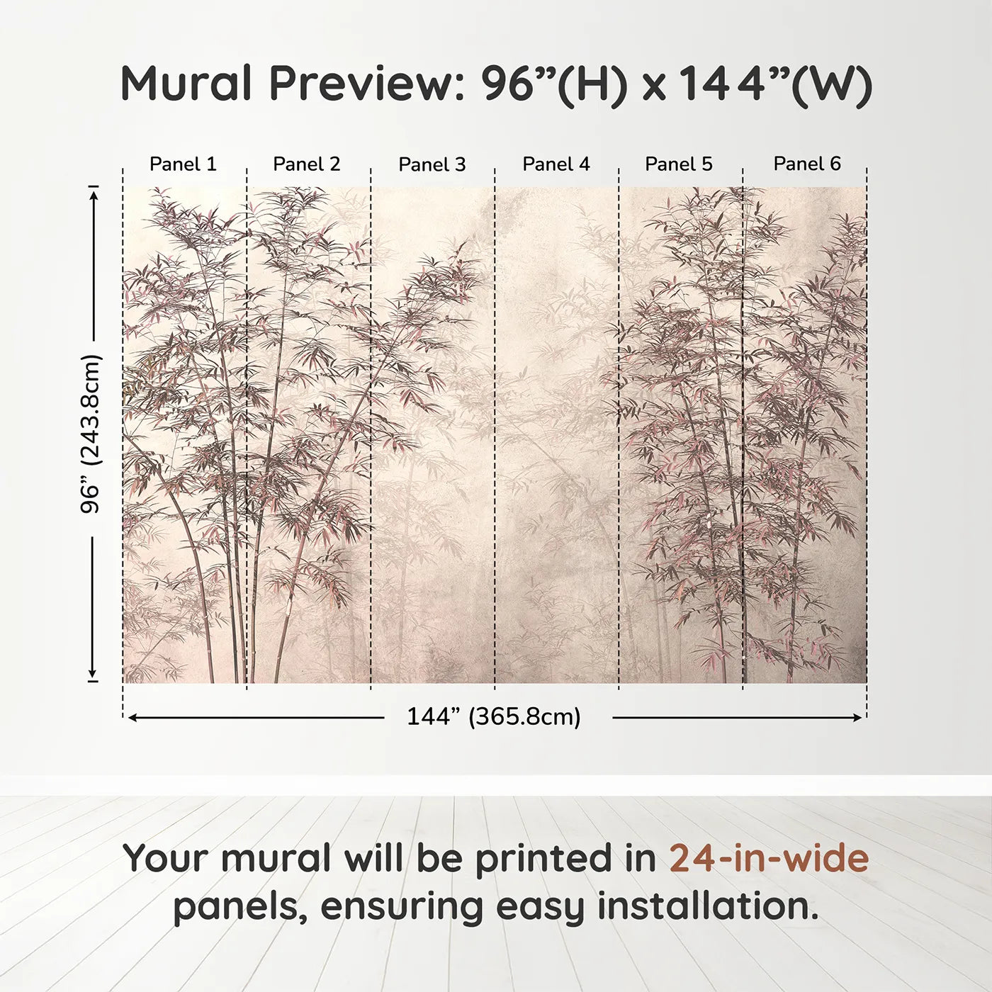 Whimsy Tots Misty Bamboo Grove Wall Mural in Rosedimension view (96" H x 144" W). Printed in six 24-inch-wide panels. Gender-Neutral