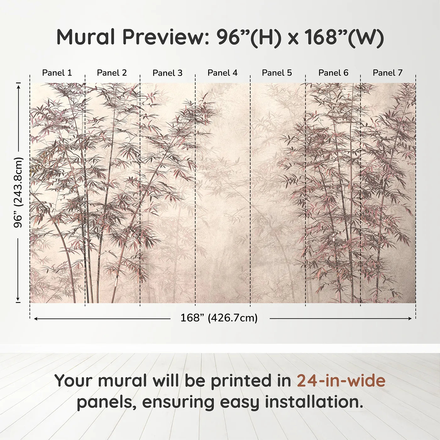 Whimsy Tots Misty Bamboo Grove Wall Mural in Rosedimension view (96" H x 168" W). Printed in seven 24-inch-wide panels. Gender-Neutral