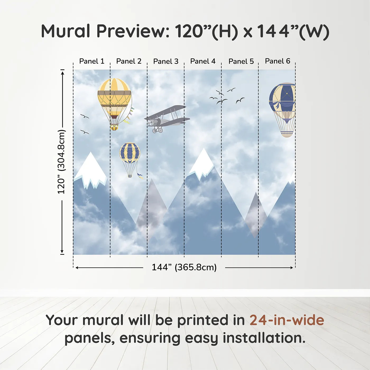 Whimsy Tots Mountain Air Fleet Wall Muraldimension view (120" H x 144" W). Printed in six 24-inch-wide panels. Gender-Neutral