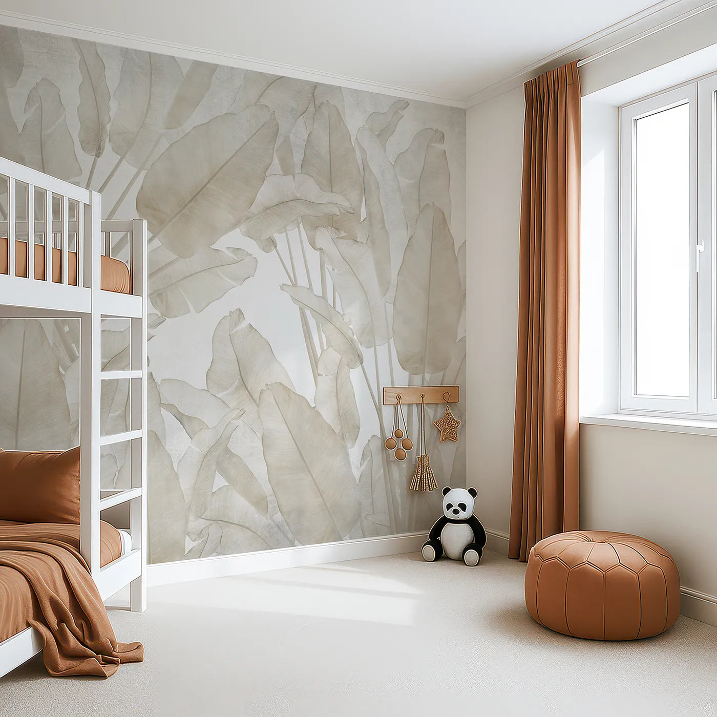 Angled view of Whimsy Tots' Translucent Banana Leaves Wall Mural (Turn Their Room into a Soft and Leafy Sanctuary).Gender-Neutral