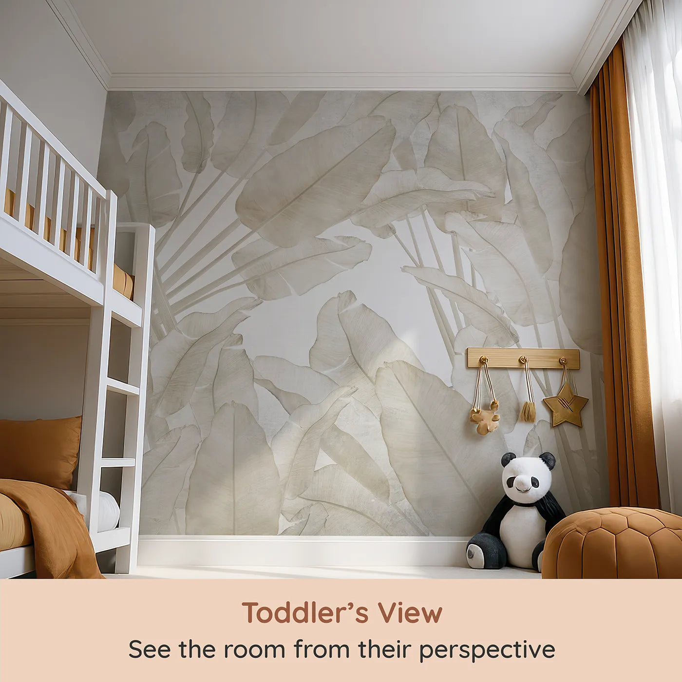 Whimsy Tots Translucent Banana Leaves Wall Mural (Turn Their Room into a Soft and Leafy Sanctuary) from your child's view.Gender-Neutral