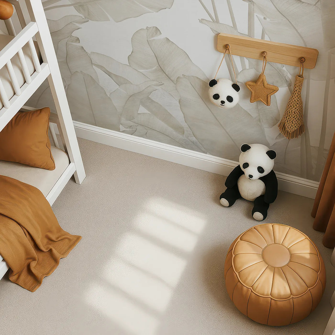 Top-down view of Whimsy Tots' Translucent Banana Leaves Wall Mural (Turn Their Room into a Soft and Leafy Sanctuary).Gender-Neutral