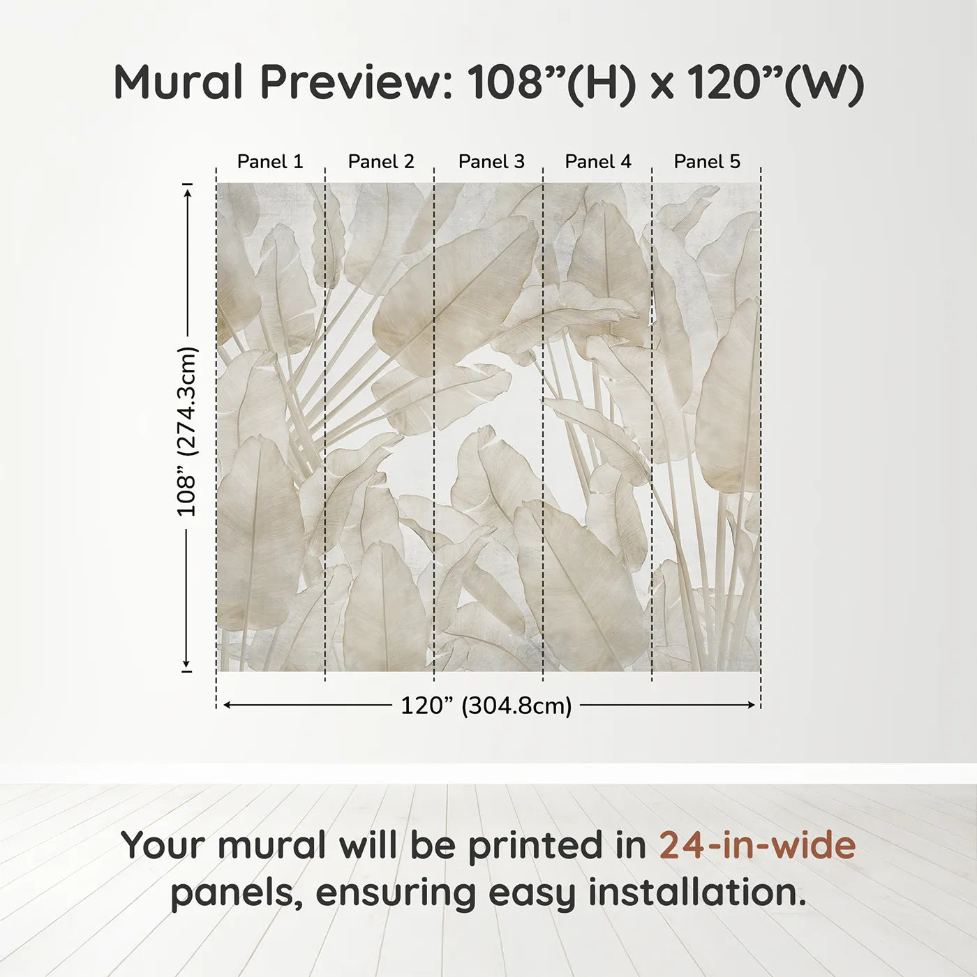 Whimsy Tots Translucent Banana Leaves Wall Muraldimension view (108" H x 120" W). Printed in five 24-inch-wide panels. Gender-Neutral