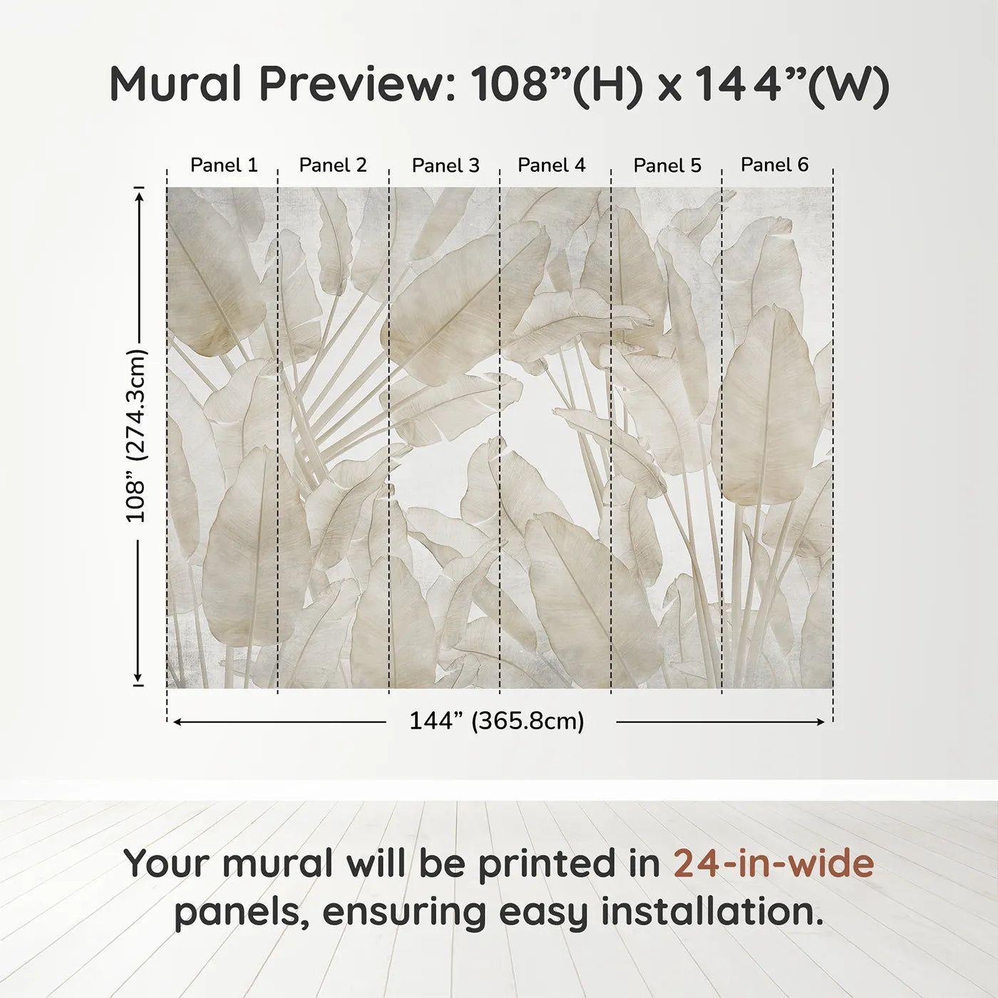 Whimsy Tots Translucent Banana Leaves Wall Muraldimension view (108" H x 144" W). Printed in six 24-inch-wide panels. Gender-Neutral