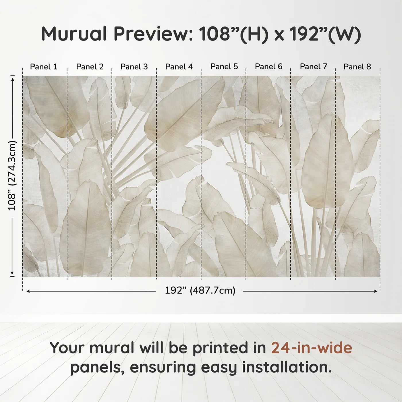 Whimsy Tots Translucent Banana Leaves Wall Muraldimension view (108" H x 192" W). Printed in eight 24-inch-wide panels. Gender-Neutral