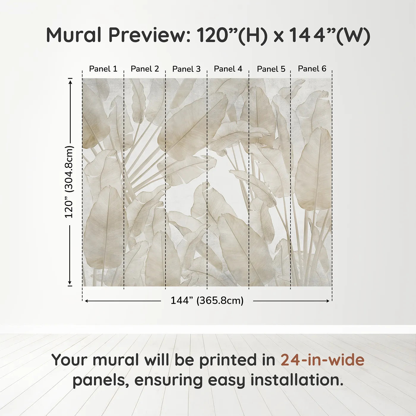 Whimsy Tots Translucent Banana Leaves Wall Muraldimension view (120" H x 144" W). Printed in six 24-inch-wide panels. Gender-Neutral