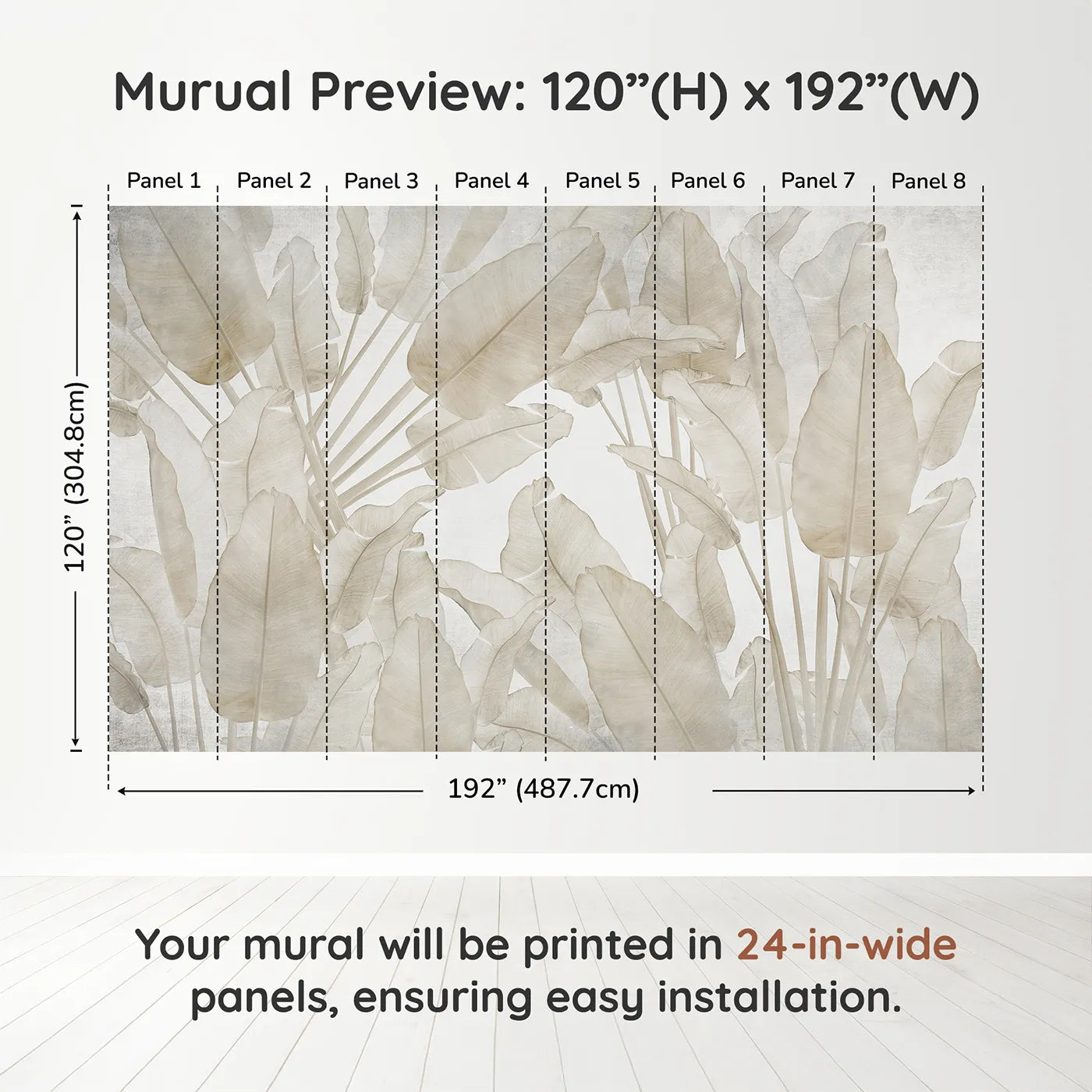 Whimsy Tots Translucent Banana Leaves Wall Muraldimension view (120" H x 192" W). Printed in eight 24-inch-wide panels. Gender-Neutral