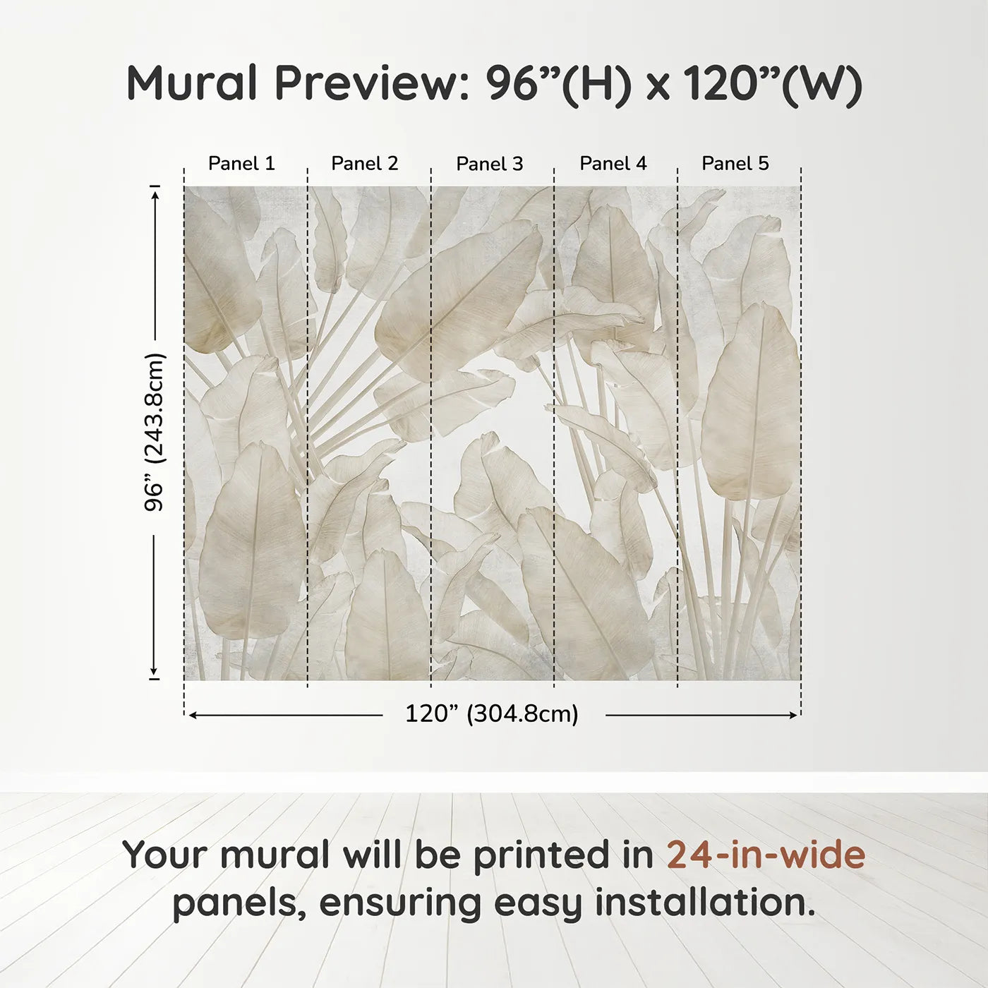 Whimsy Tots Translucent Banana Leaves Wall Muraldimension view (96" H x 120" W). Printed in five 24-inch-wide panels. Gender-Neutral