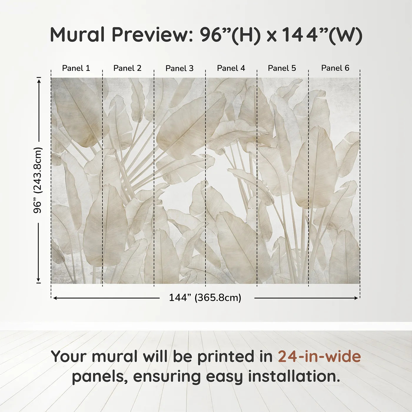 Whimsy Tots Translucent Banana Leaves Wall Muraldimension view (96" H x 144" W). Printed in six 24-inch-wide panels. Gender-Neutral