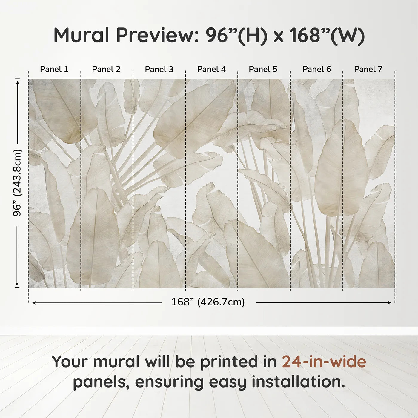 Whimsy Tots Translucent Banana Leaves Wall Muraldimension view (96" H x 168" W). Printed in seven 24-inch-wide panels. Gender-Neutral