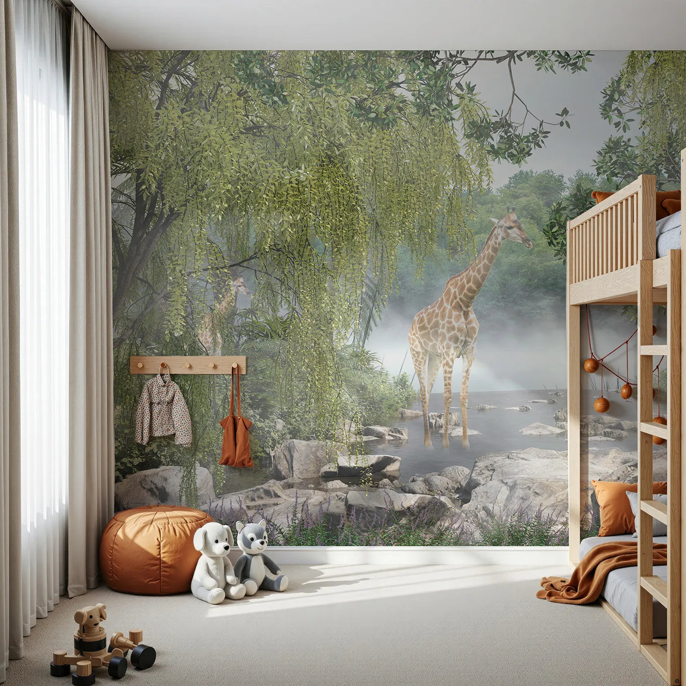 Front view of Whimsy Tots' Misty River Giraffes Wall Mural