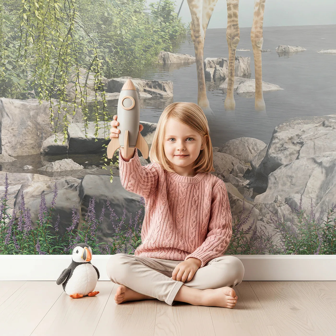 Child in front of Whimsy Tots Misty River Giraffes Wall Mural with giraffe, safari, mist, river, jungle, realistic, animal, nature in design.