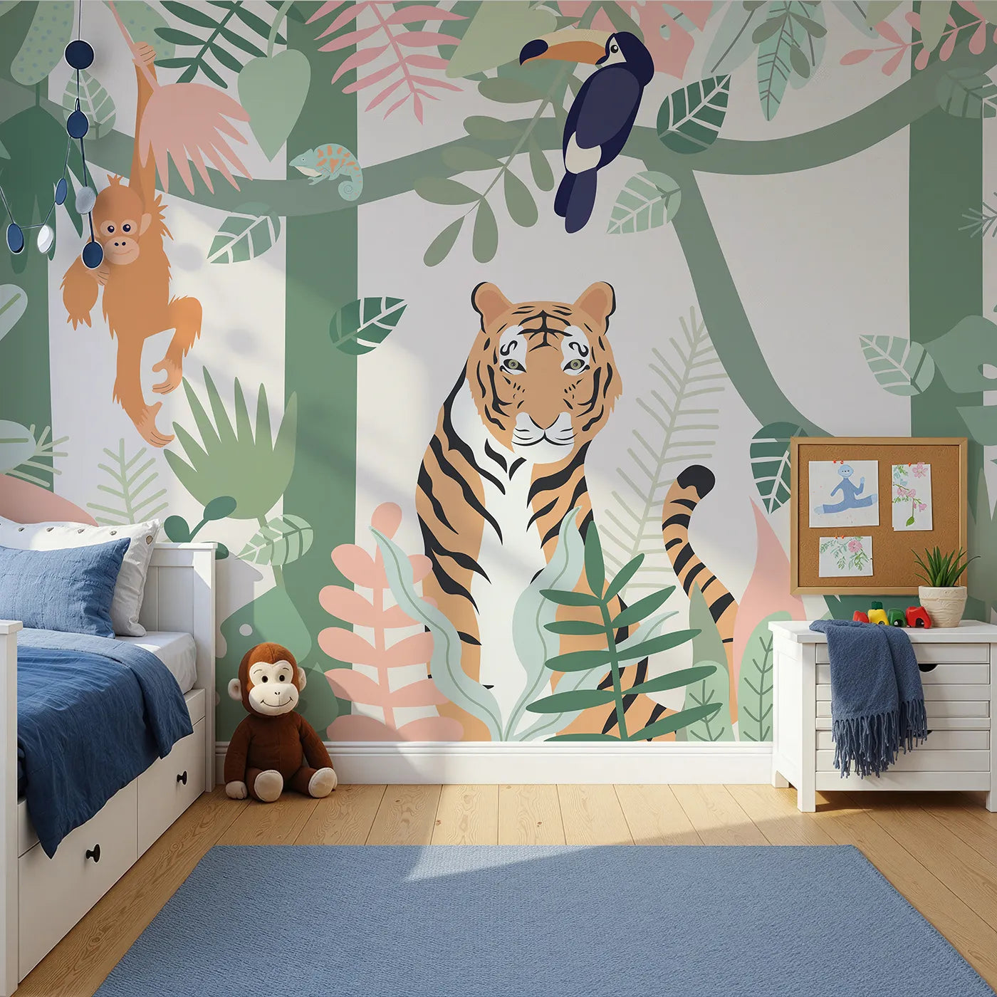 Front view of Whimsy Tots' Pastel Jungle Friends Wall Mural