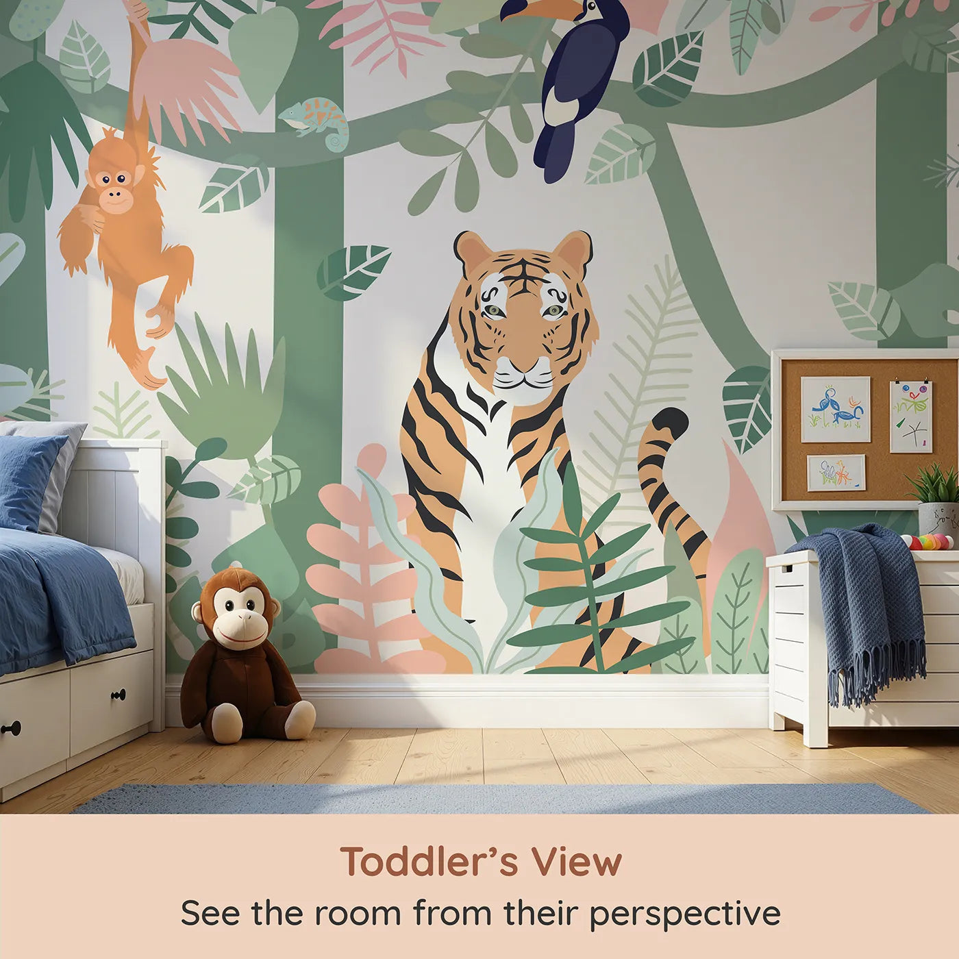 Whimsy Tots Pastel Jungle Friends Wall Mural (Turn Their Room into the Sweetest, Most Stylish Jungle) from your child's view.Gender-Neutral