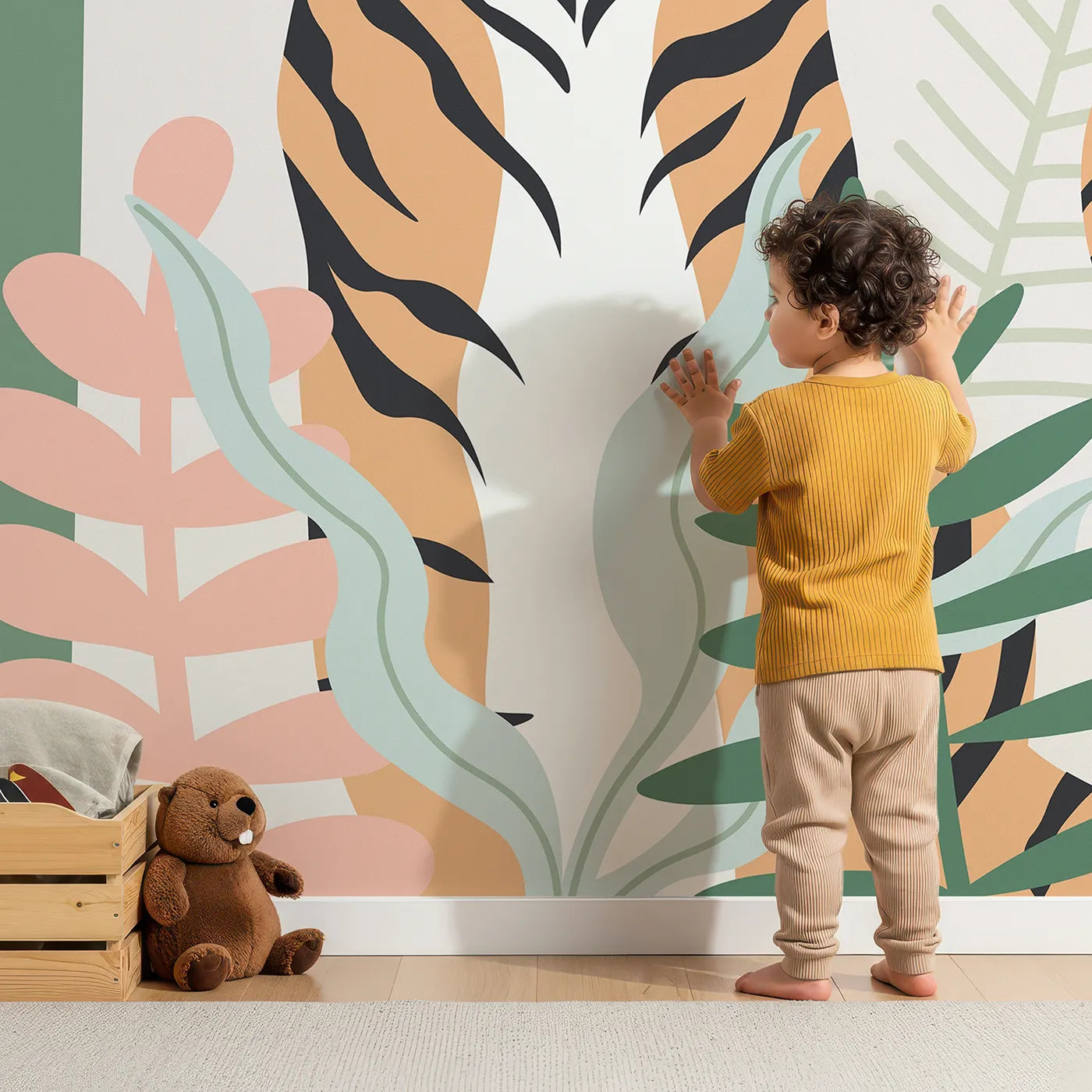 Child in front of Whimsy Tots Pastel Jungle Friends Wall Mural with jungle, animal, tiger, monkey, toucan, pastel, modern, safari in design.