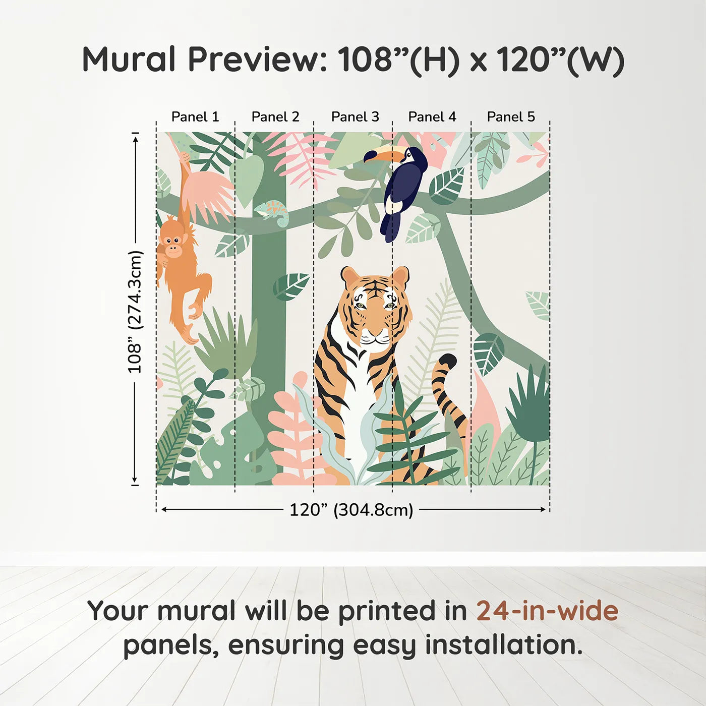 Whimsy Tots Pastel Jungle Friends Wall Muraldimension view (108" H x 120" W). Printed in five 24-inch-wide panels. Gender-Neutral