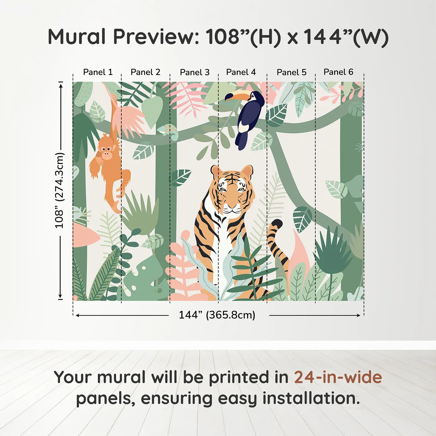 Whimsy Tots Pastel Jungle Friends Wall Muraldimension view (108" H x 144" W). Printed in six 24-inch-wide panels. Gender-Neutral