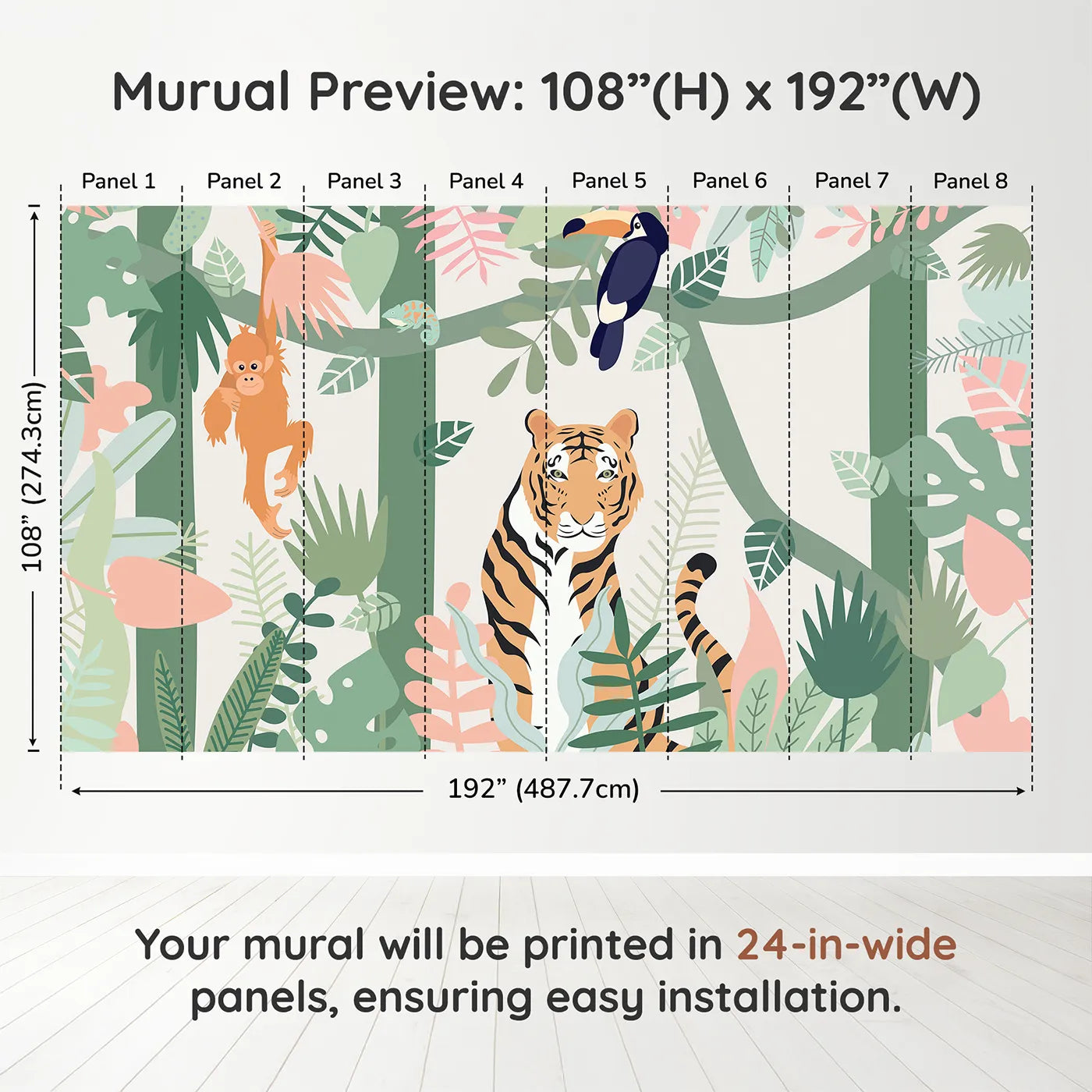 Whimsy Tots Pastel Jungle Friends Wall Muraldimension view (108" H x 192" W). Printed in eight 24-inch-wide panels. Gender-Neutral