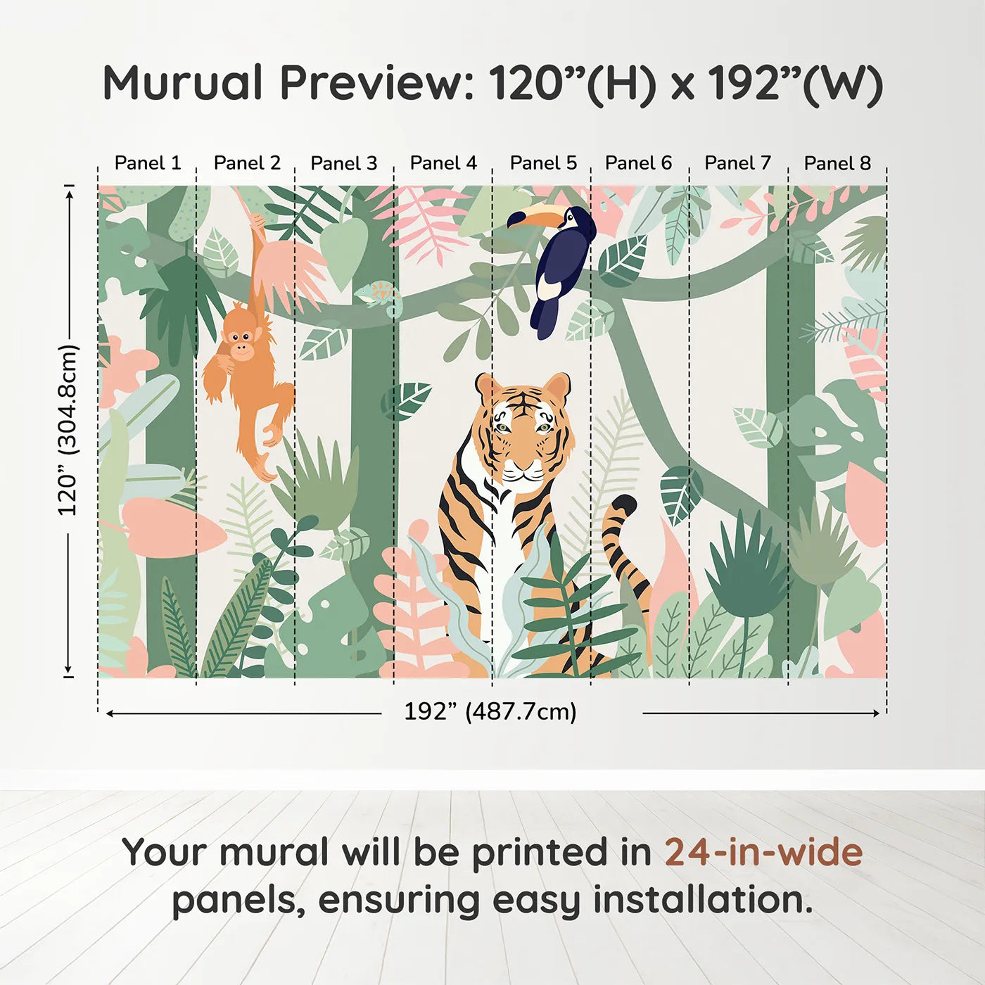 Whimsy Tots Pastel Jungle Friends Wall Muraldimension view (120" H x 192" W). Printed in eight 24-inch-wide panels. Gender-Neutral