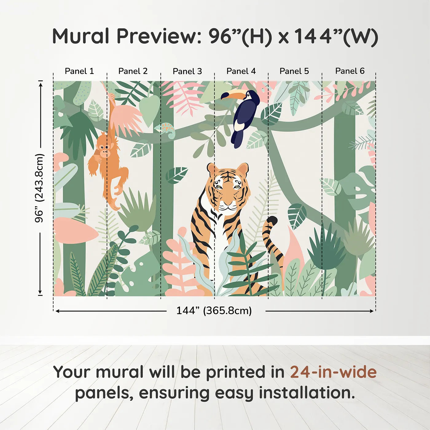Whimsy Tots Pastel Jungle Friends Wall Muraldimension view (96" H x 144" W). Printed in six 24-inch-wide panels. Gender-Neutral