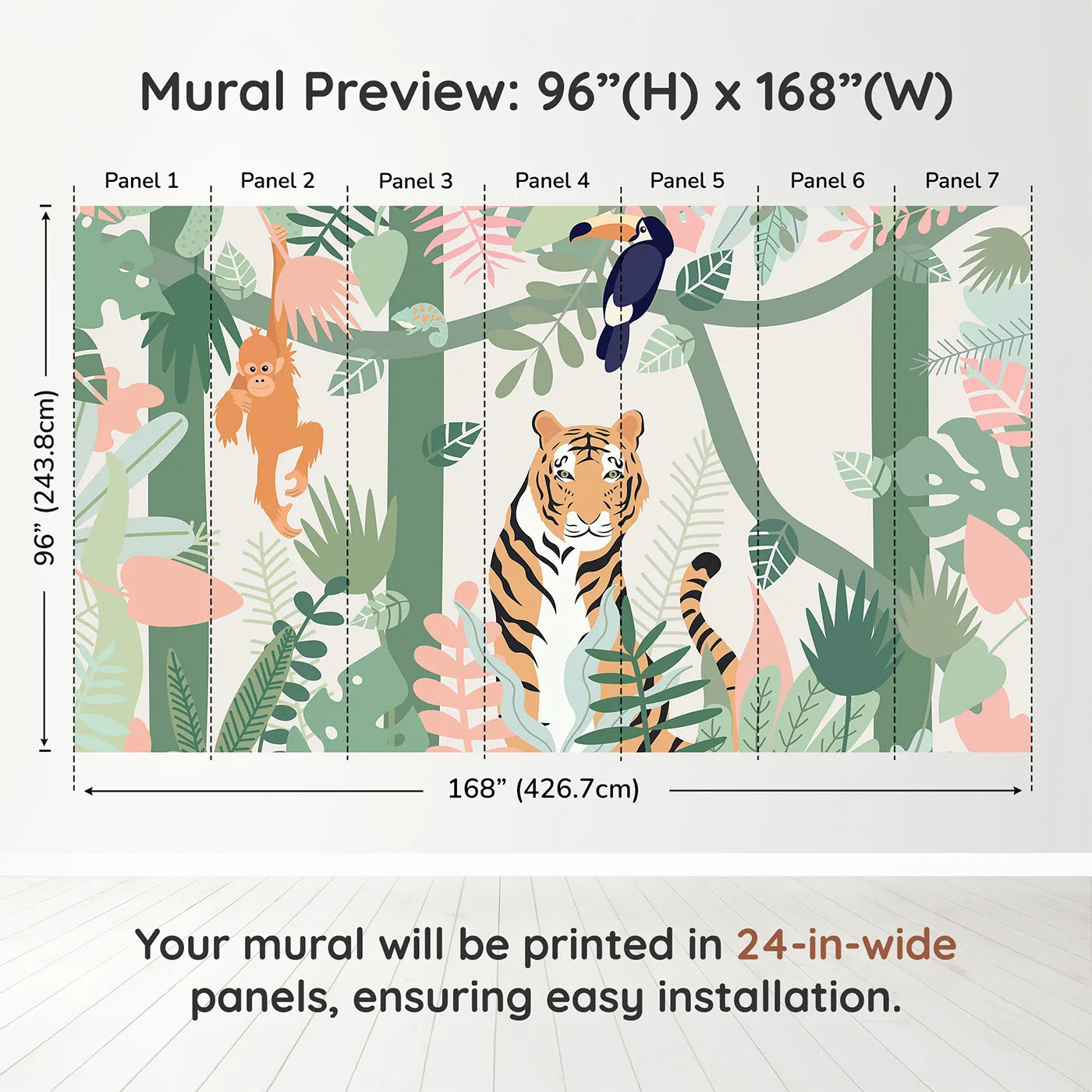 Whimsy Tots Pastel Jungle Friends Wall Muraldimension view (96" H x 168" W). Printed in seven 24-inch-wide panels. Gender-Neutral