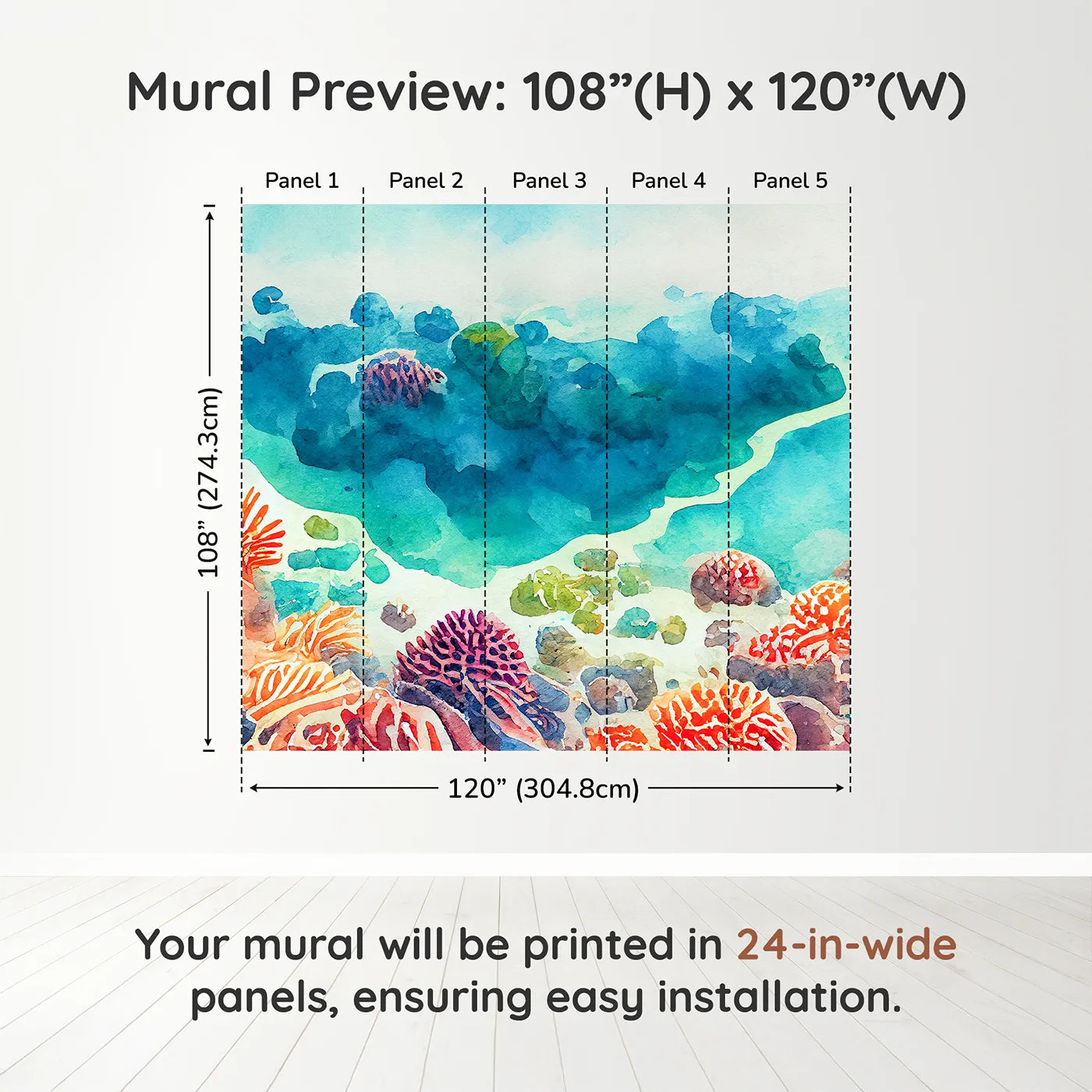Whimsy Tots Abstract Coral Reef Wall Muraldimension view (108" H x 120" W). Printed in five 24-inch-wide panels. Gender-Neutral