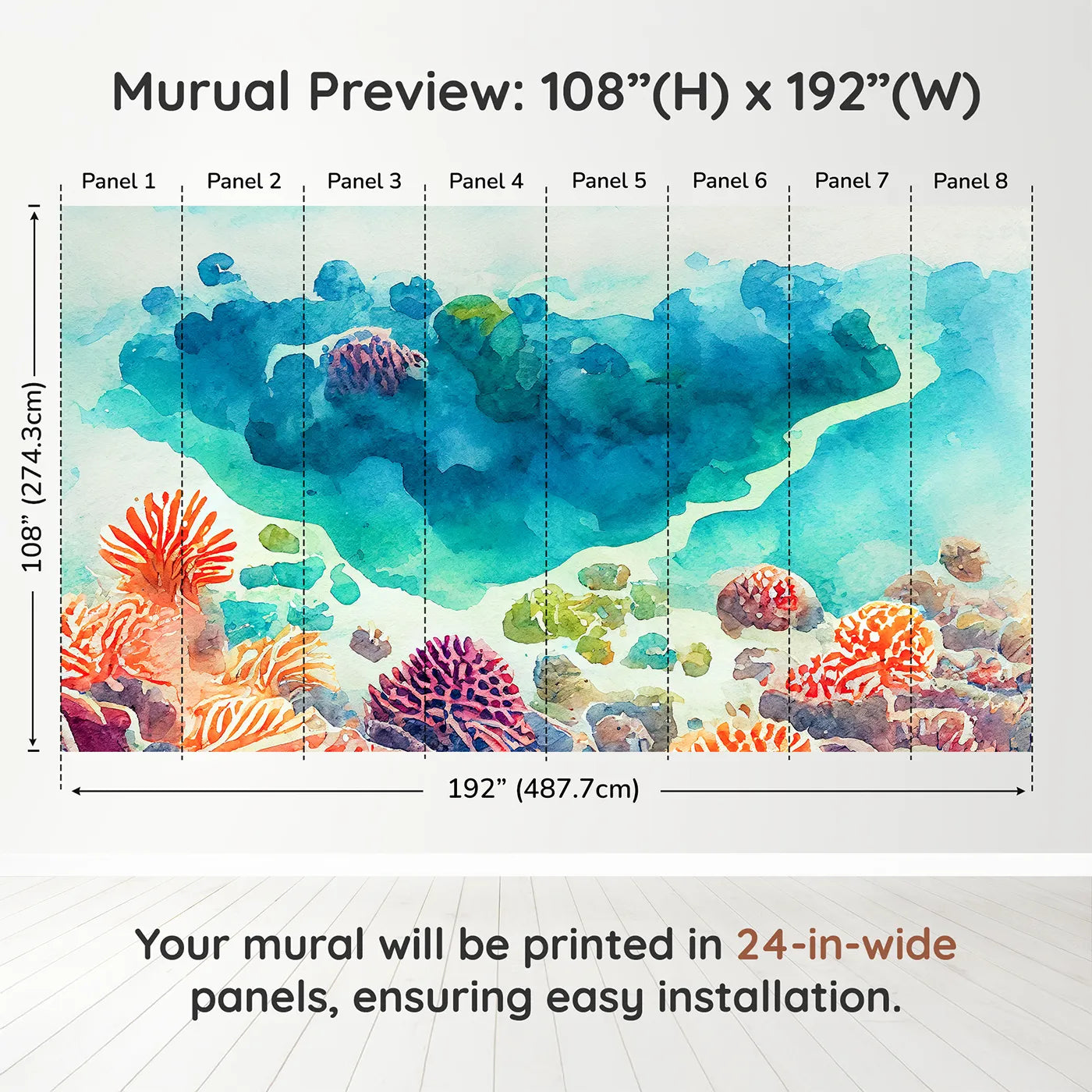 Whimsy Tots Abstract Coral Reef Wall Muraldimension view (108" H x 192" W). Printed in eight 24-inch-wide panels. Gender-Neutral