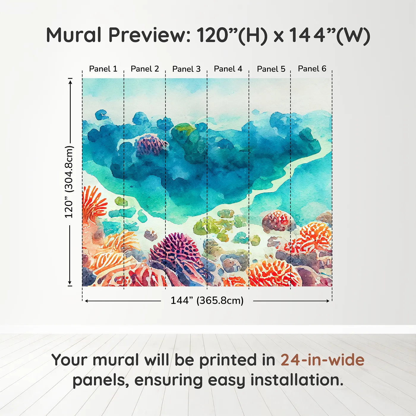 Whimsy Tots Abstract Coral Reef Wall Muraldimension view (120" H x 144" W). Printed in six 24-inch-wide panels. Gender-Neutral