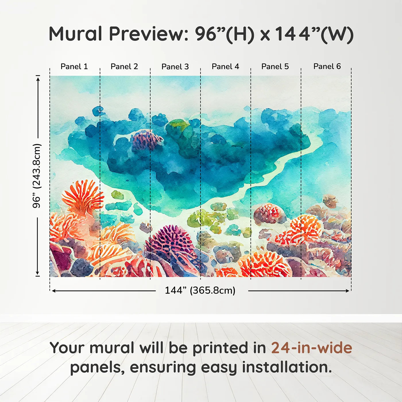 Whimsy Tots Abstract Coral Reef Wall Muraldimension view (96" H x 144" W). Printed in six 24-inch-wide panels. Gender-Neutral