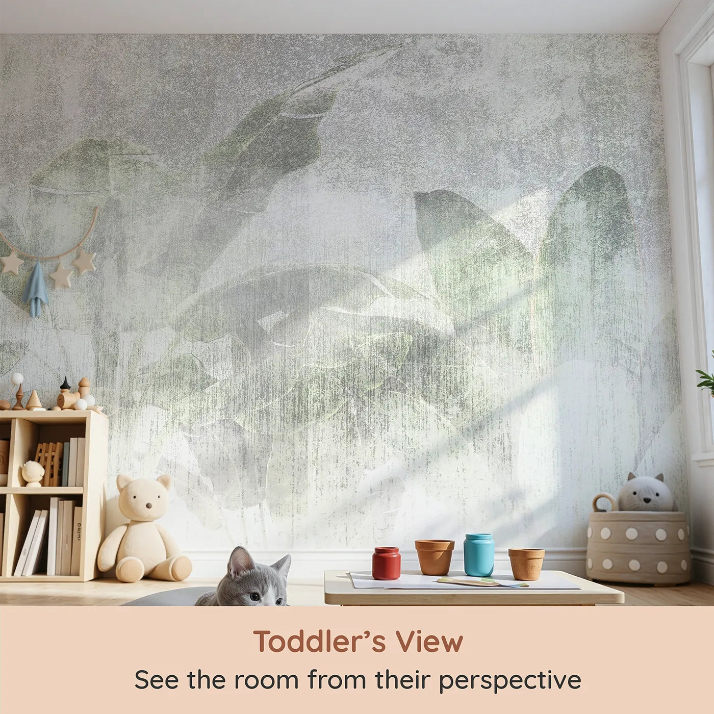 Whimsy Tots Faded Tropical Leaves Wall Mural (Turn Their Room into a Rustic, Sun-Bleached Jungle) from your child's view.Gender-Neutral
