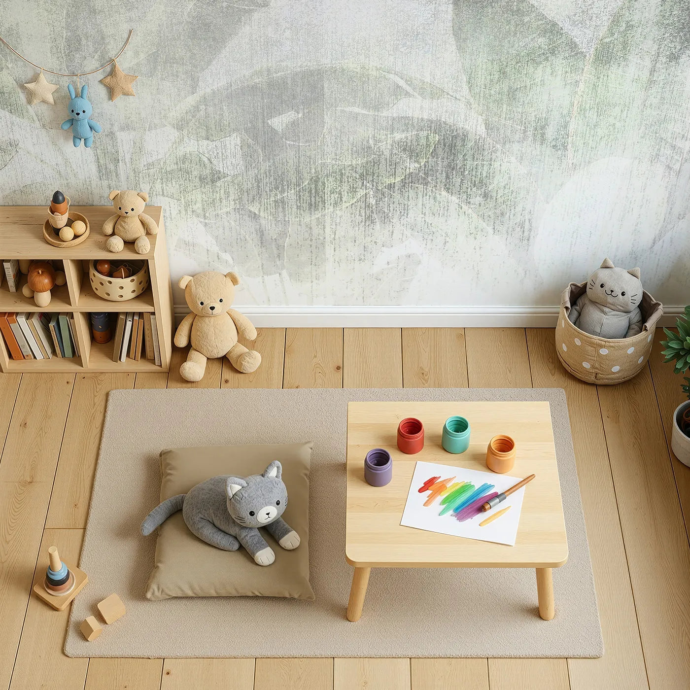 Top-down view of Whimsy Tots' Faded Tropical Leaves Wall Mural (Turn Their Room into a Rustic, Sun-Bleached Jungle).Gender-Neutral