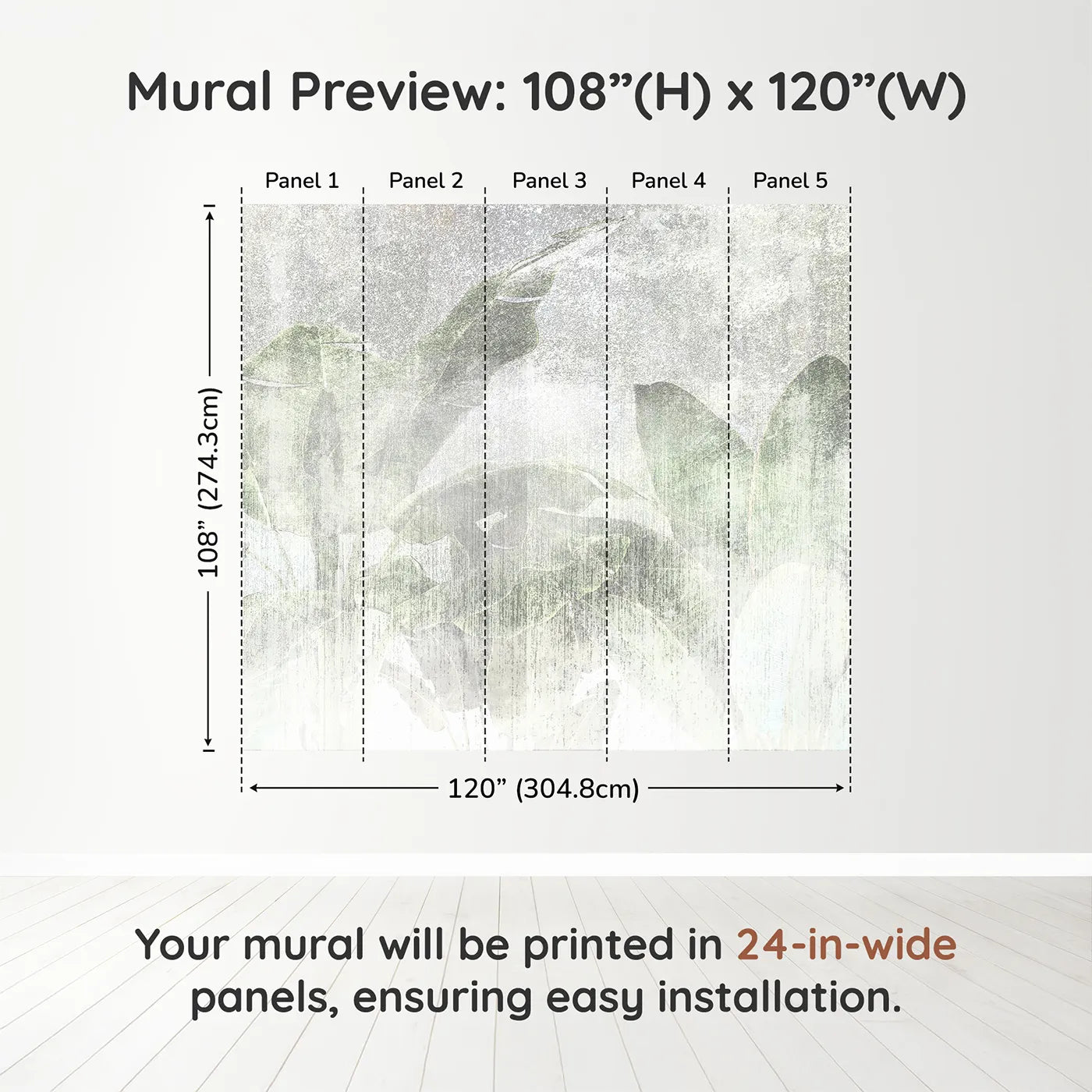 Whimsy Tots Faded Tropical Leaves Wall Muraldimension view (108" H x 120" W). Printed in five 24-inch-wide panels. Gender-Neutral