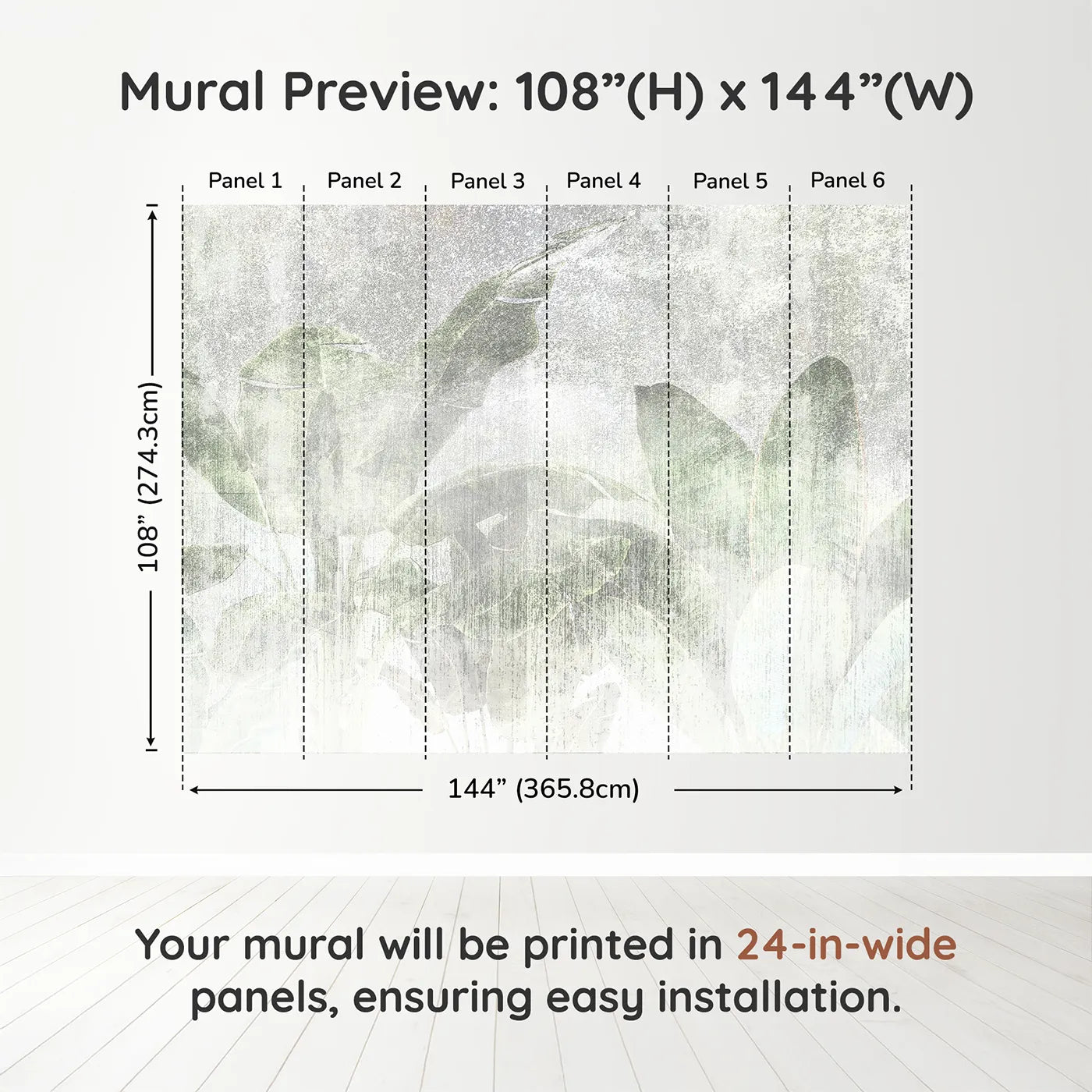 Whimsy Tots Faded Tropical Leaves Wall Muraldimension view (108" H x 144" W). Printed in six 24-inch-wide panels. Gender-Neutral