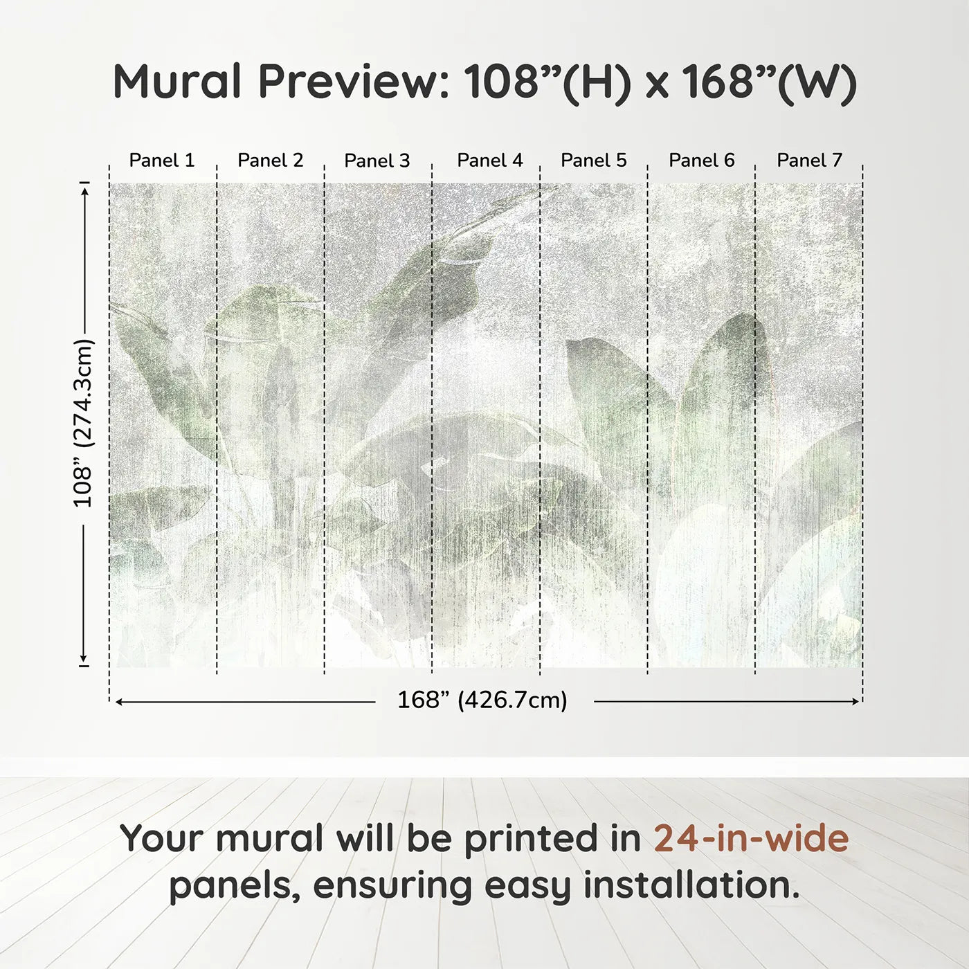 Whimsy Tots Faded Tropical Leaves Wall Muraldimension view (108" H x 168" W). Printed in seven 24-inch-wide panels. Gender-Neutral