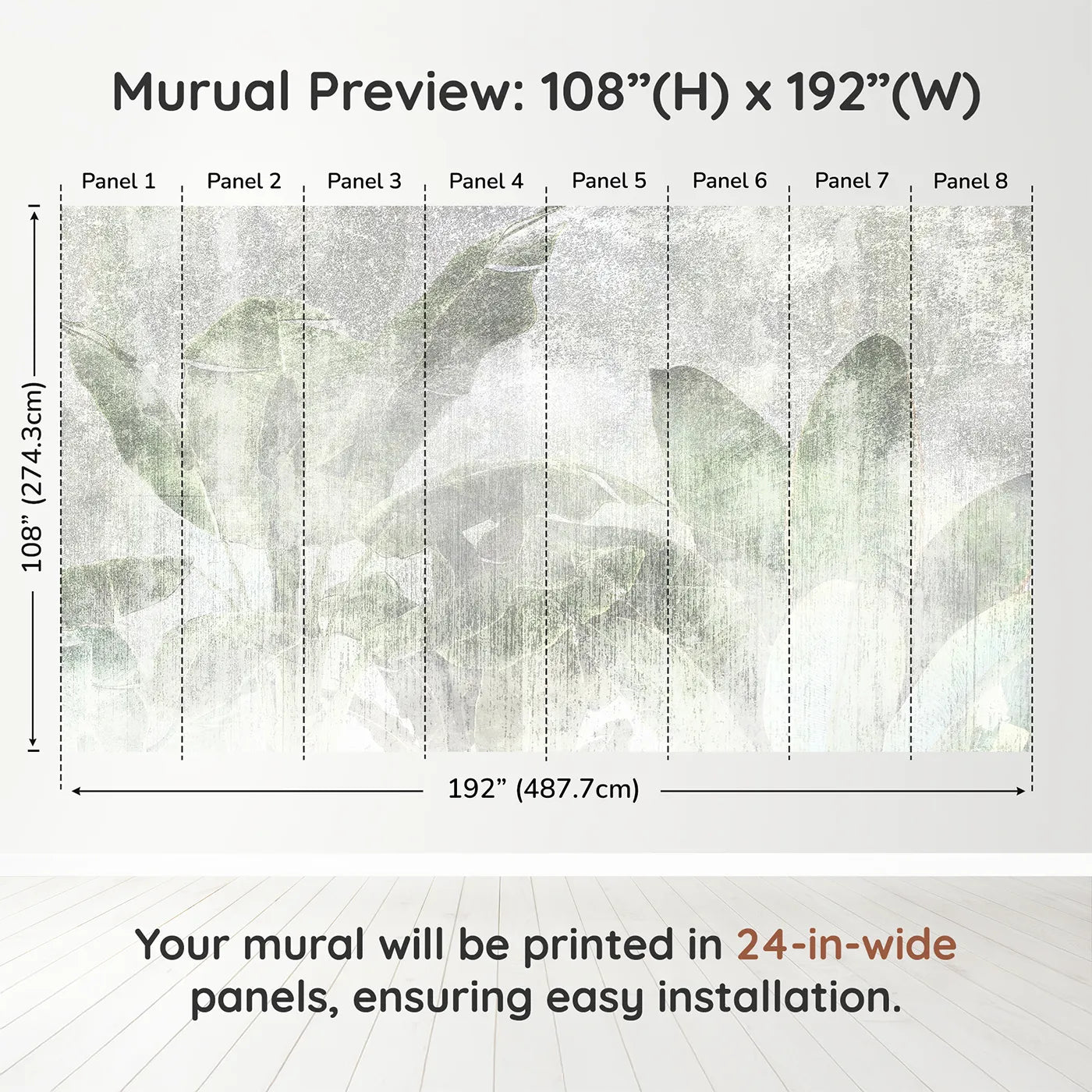 Whimsy Tots Faded Tropical Leaves Wall Muraldimension view (108" H x 192" W). Printed in eight 24-inch-wide panels. Gender-Neutral