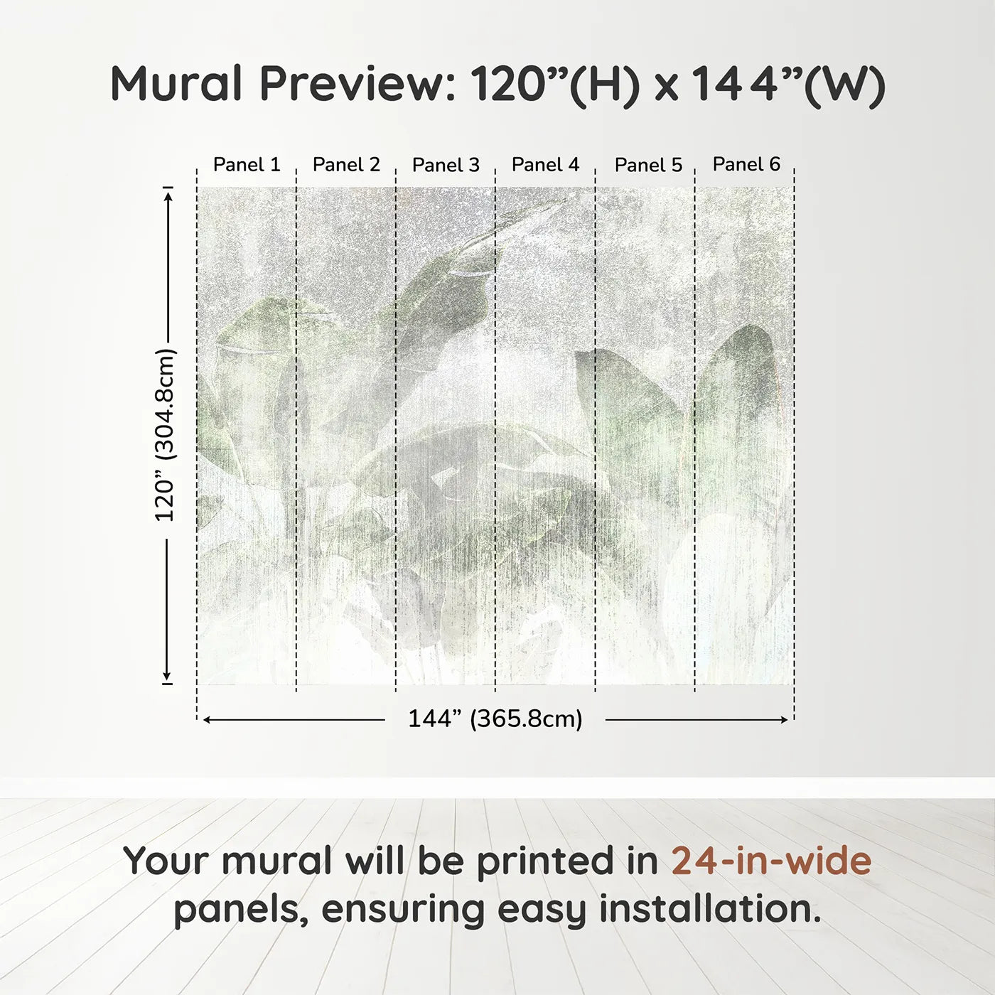 Whimsy Tots Faded Tropical Leaves Wall Muraldimension view (120" H x 144" W). Printed in six 24-inch-wide panels. Gender-Neutral