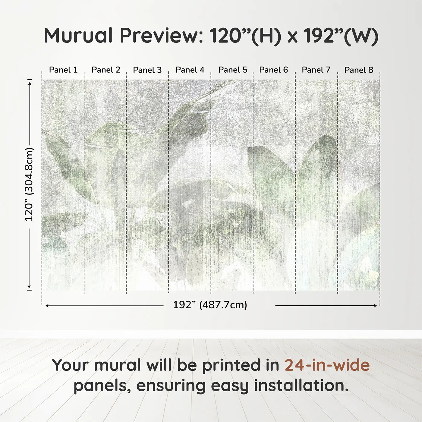 Whimsy Tots Faded Tropical Leaves Wall Muraldimension view (120" H x 192" W). Printed in eight 24-inch-wide panels. Gender-Neutral