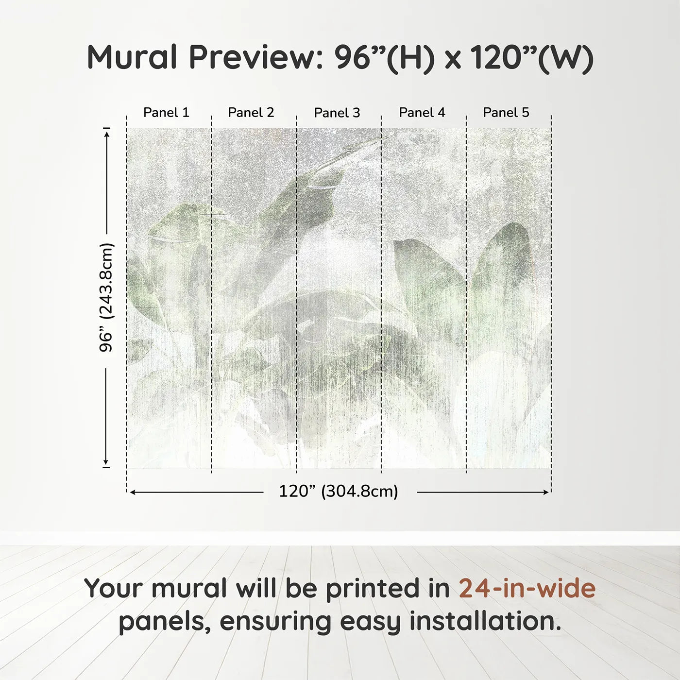 Whimsy Tots Faded Tropical Leaves Wall Muraldimension view (96" H x 120" W). Printed in five 24-inch-wide panels. Gender-Neutral